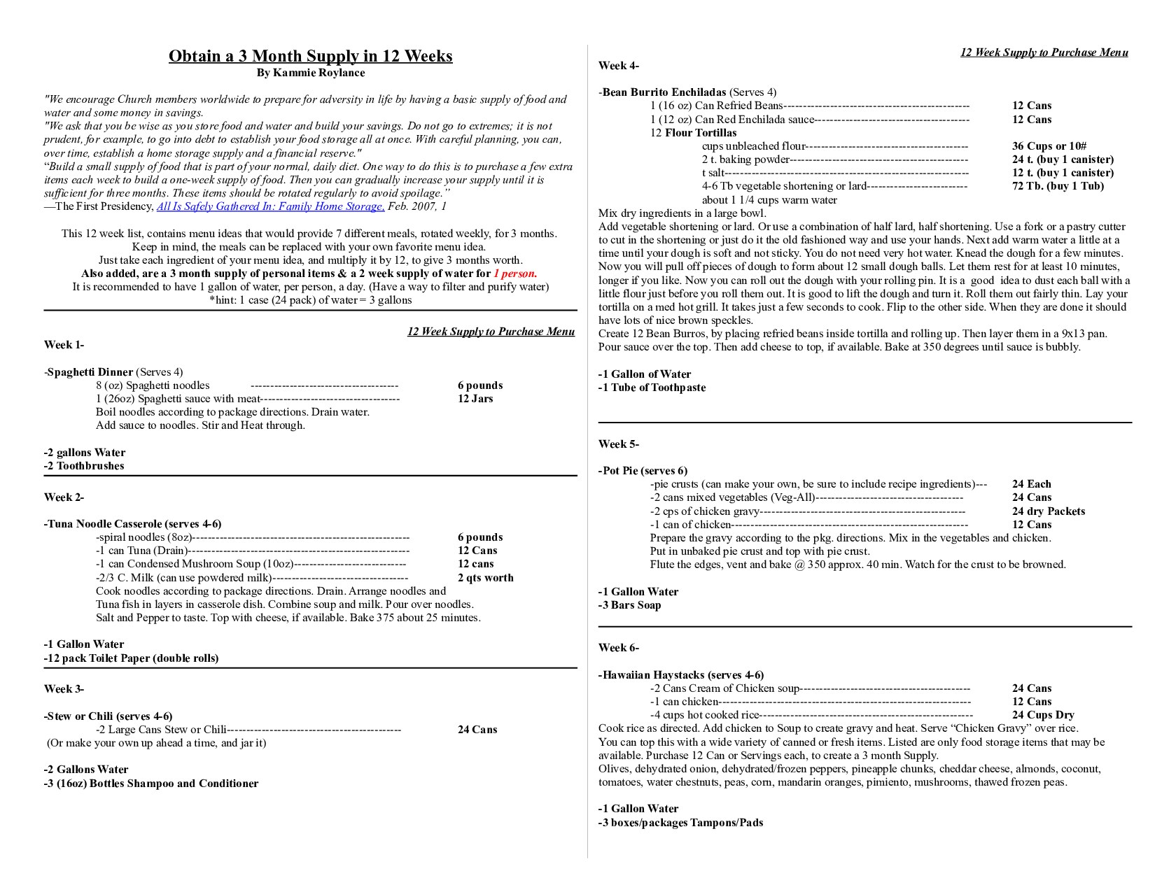 3 Month Food Supply Schedule