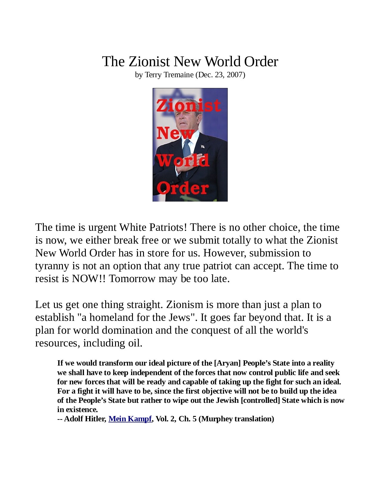 Tremaine, Terry; Zionist New World Order, The