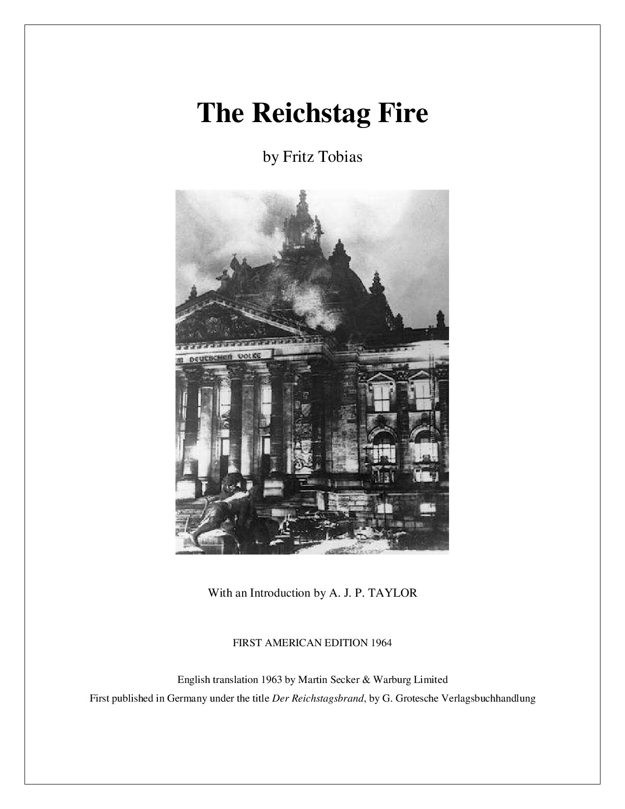 Tobias, Fritz; The Reichstag Fire