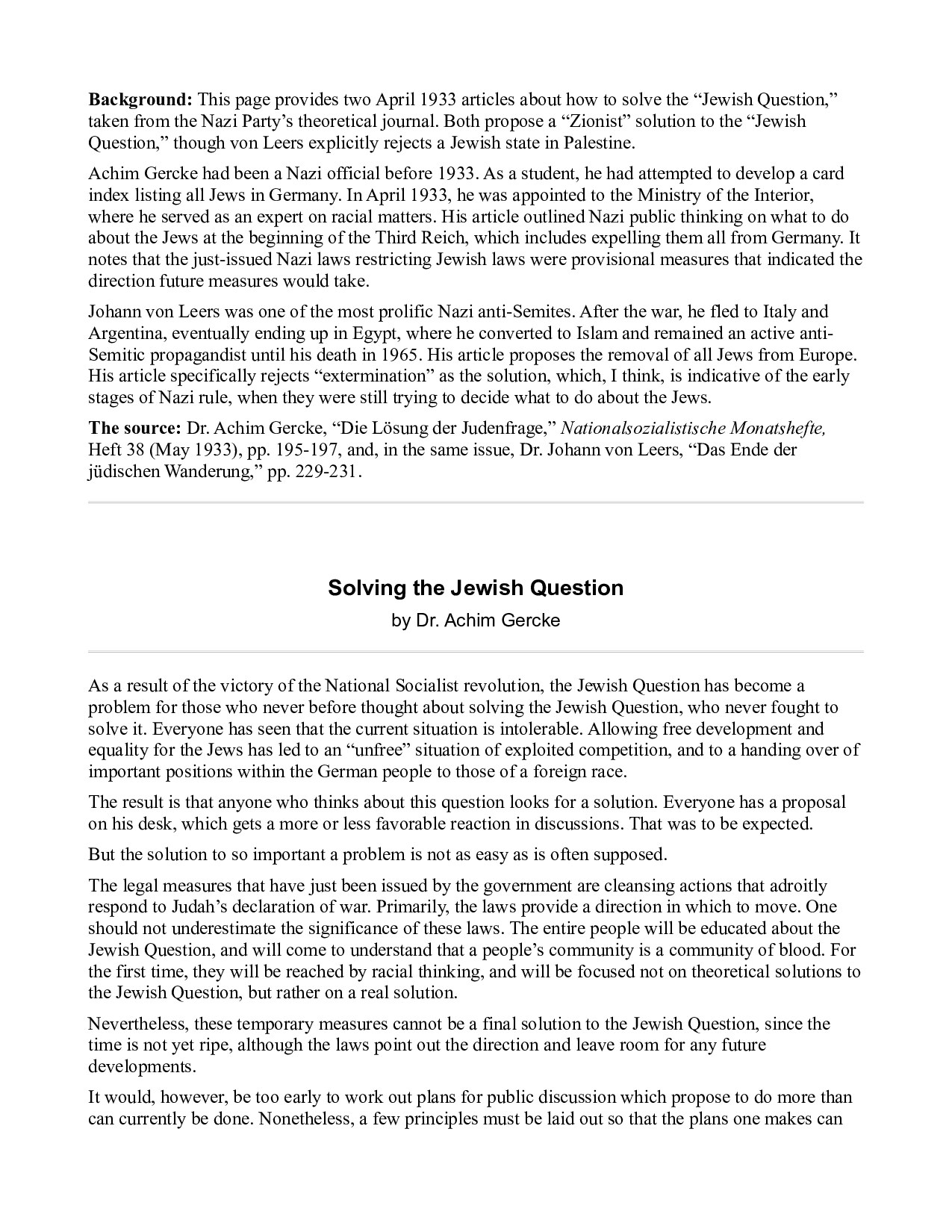 Cercke, Achim; Solving the Jewish Question