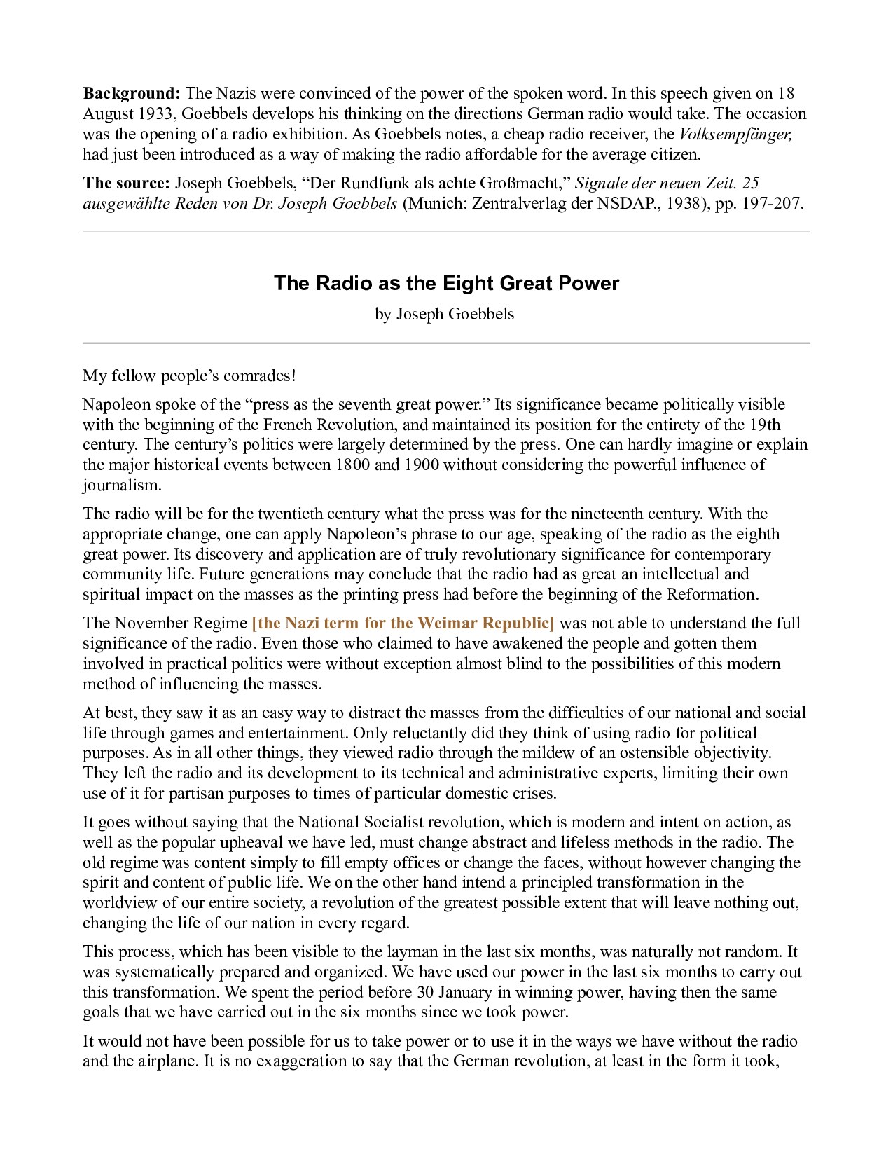 Radio As The Eighth Great Power - Goebbels